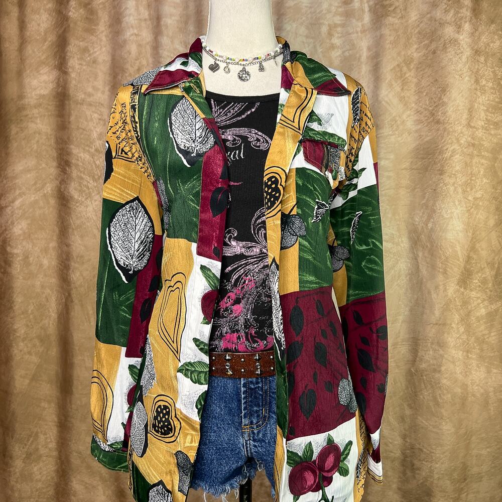 Vintage Patchwork Shirt Fall Foliage Multicolor Button Up 90s Boho Earthy Fairy - Picture 8 of 8